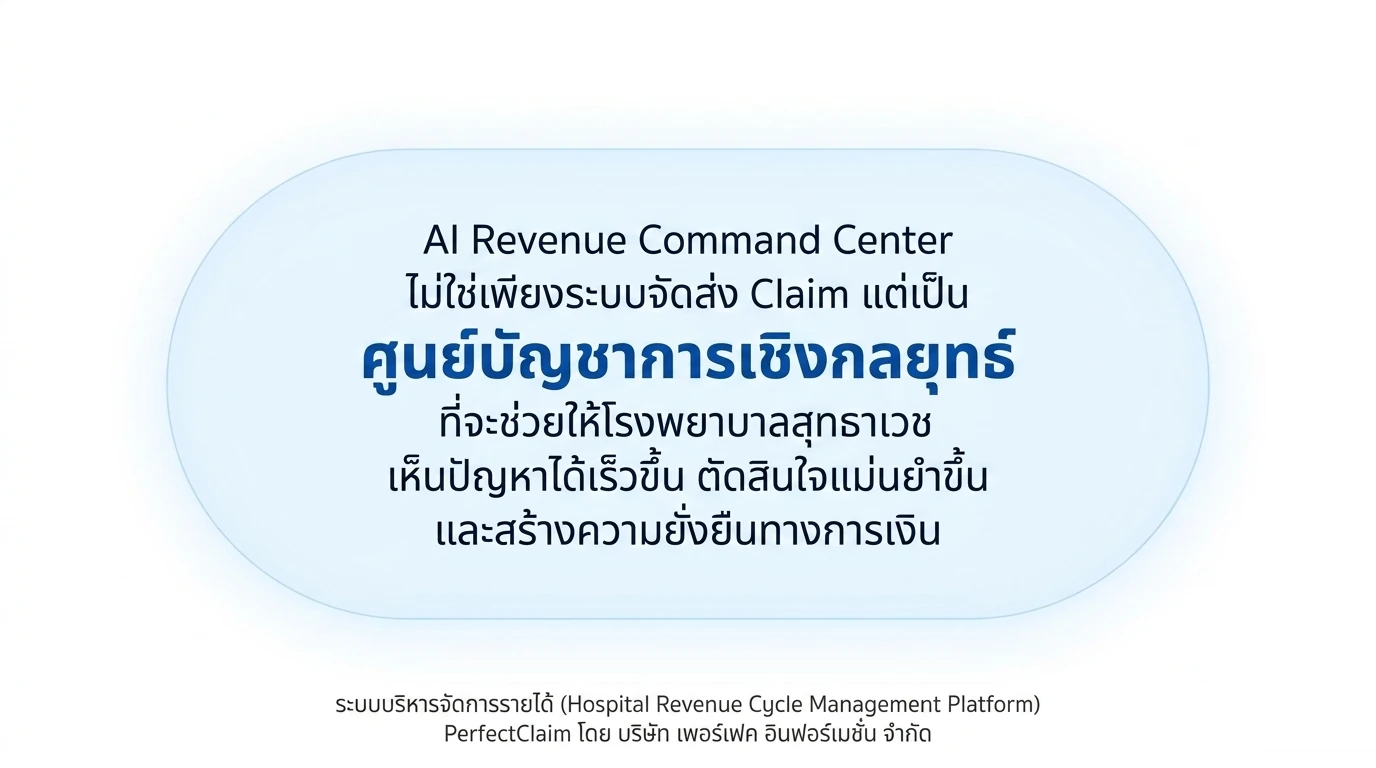 ข้อความสรุปว่า AI Revenue Command Center ไม่ใช่เพียงระบบจัดส่ง Claim แต่เป็นศูนย์บัญชาการเชิงกลยุทธ์ที่ช่วยให้เห็นปัญหาเร็วขึ้นและตัดสินใจแม่นยำขึ้น